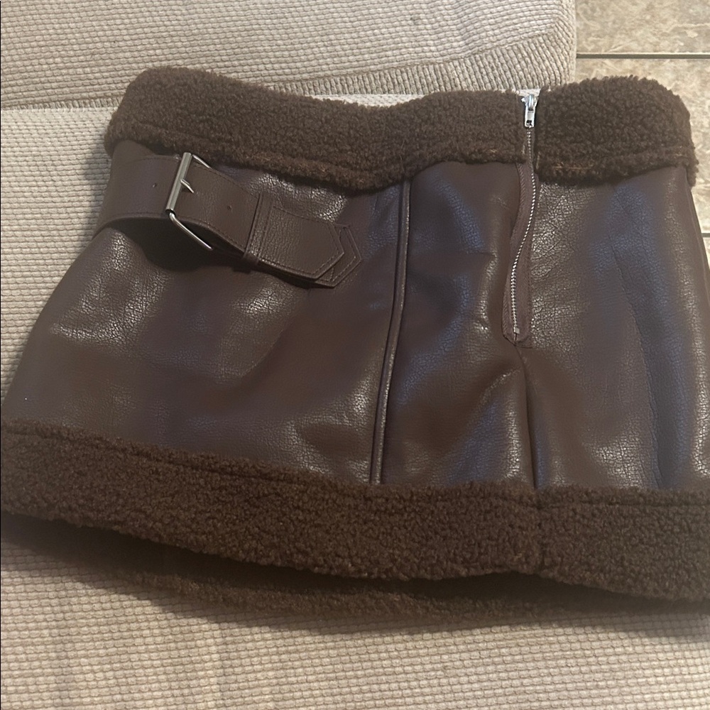 Brown Faux Leather Belted Skirt